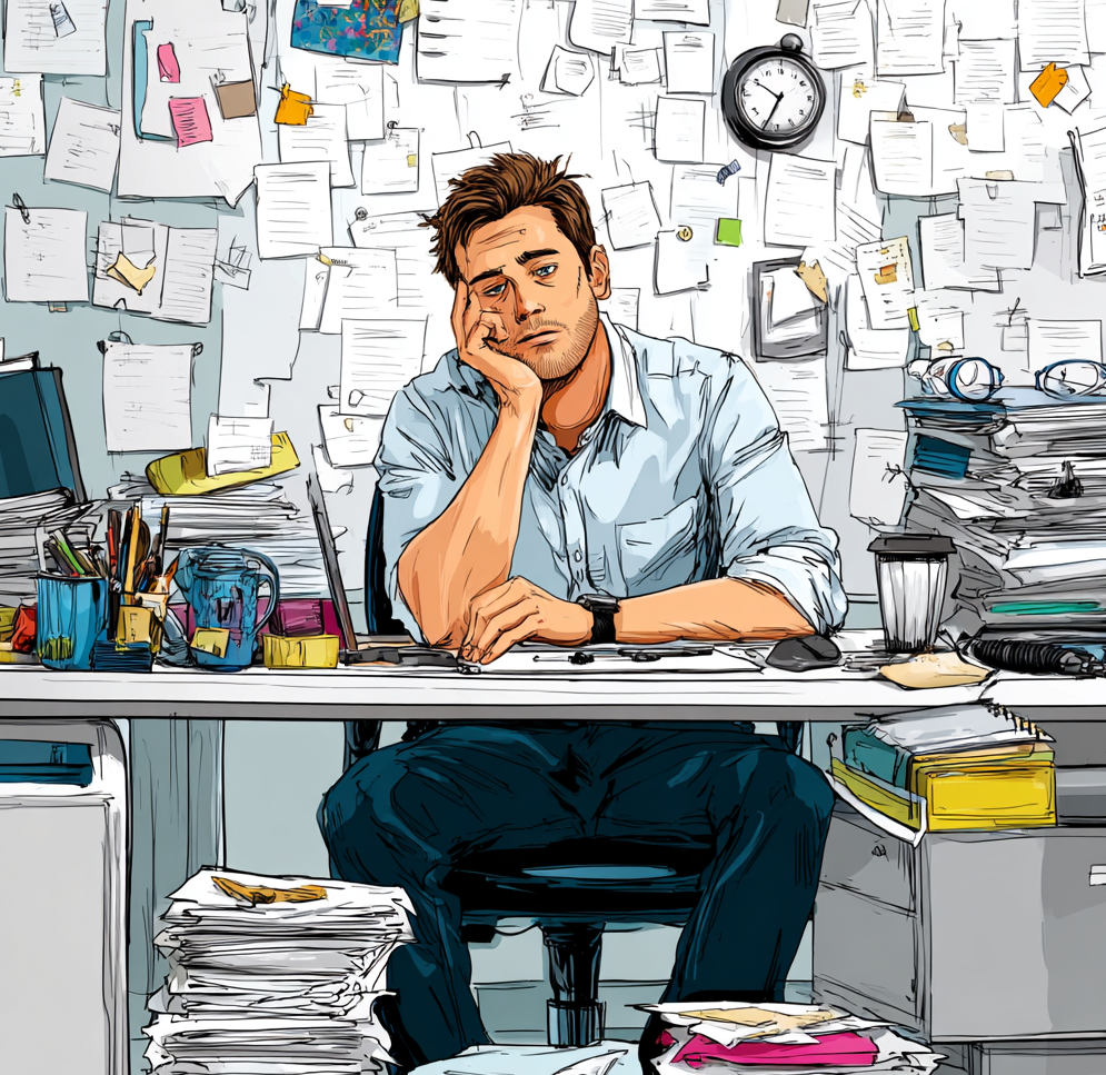 A desk worker sitting at a cluttered workstation, looking fatigued and slouched, highlighting how poor workspace setup can quietly drain energy throughout the day.