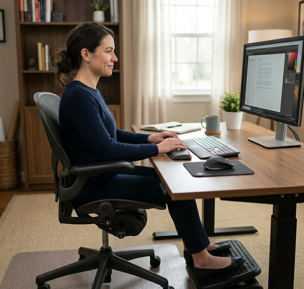 A professional workspace showing a person sitting upright with proper posture, highlighting ergonomic alignment without the use of a standing desk.