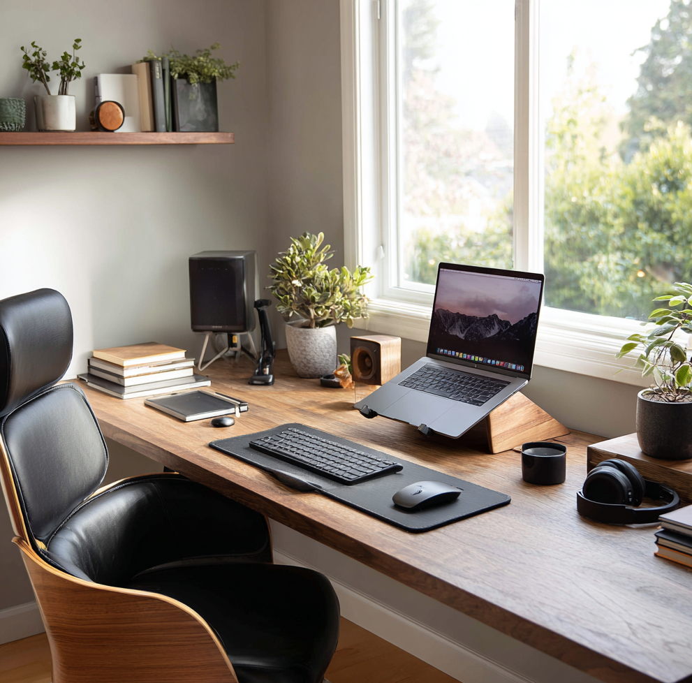 A clean, modern home workspace featuring an ergonomic desk setup with proper posture, elevated laptop, and supportive accessories designed for comfort and productivity.