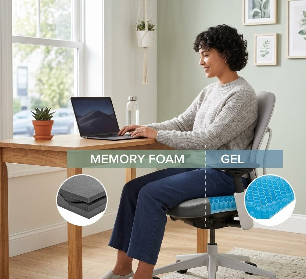 A modern workspace with a person seated comfortably, cushion slightly visible with a subtle overlay or split effect hinting memory foam vs gel difference