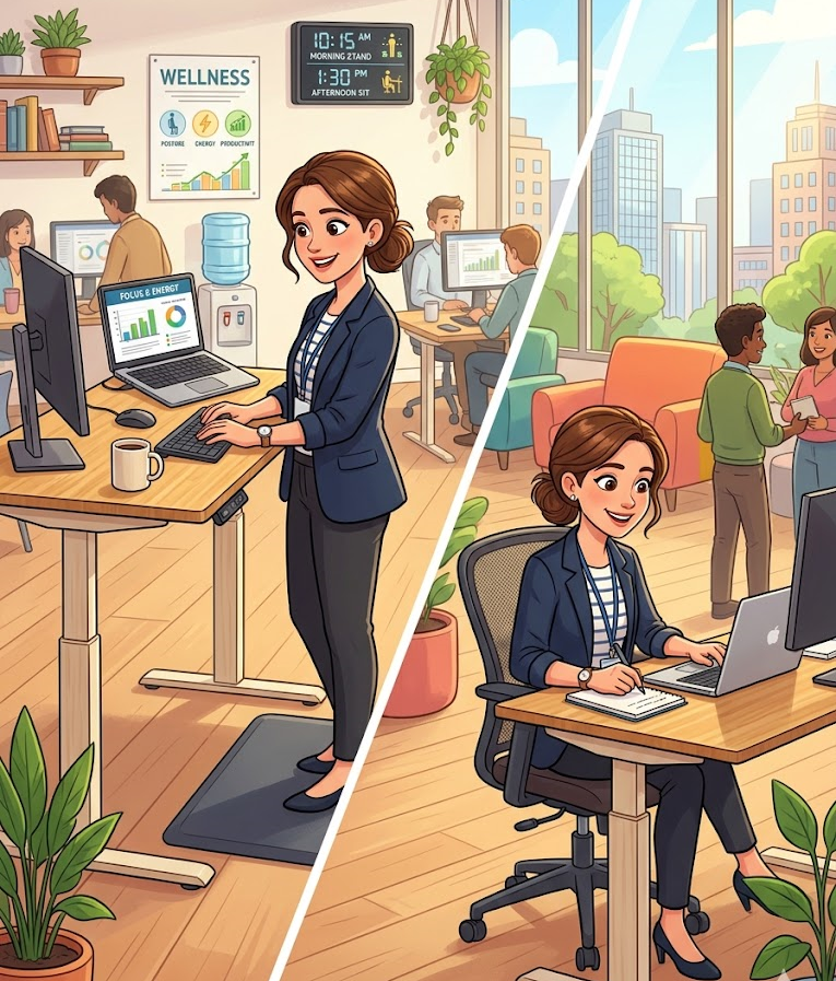 A bright contemporary office featuring a professional using both sitting and standing desk positions throughout the workday to reduce fatigue and improve focus.