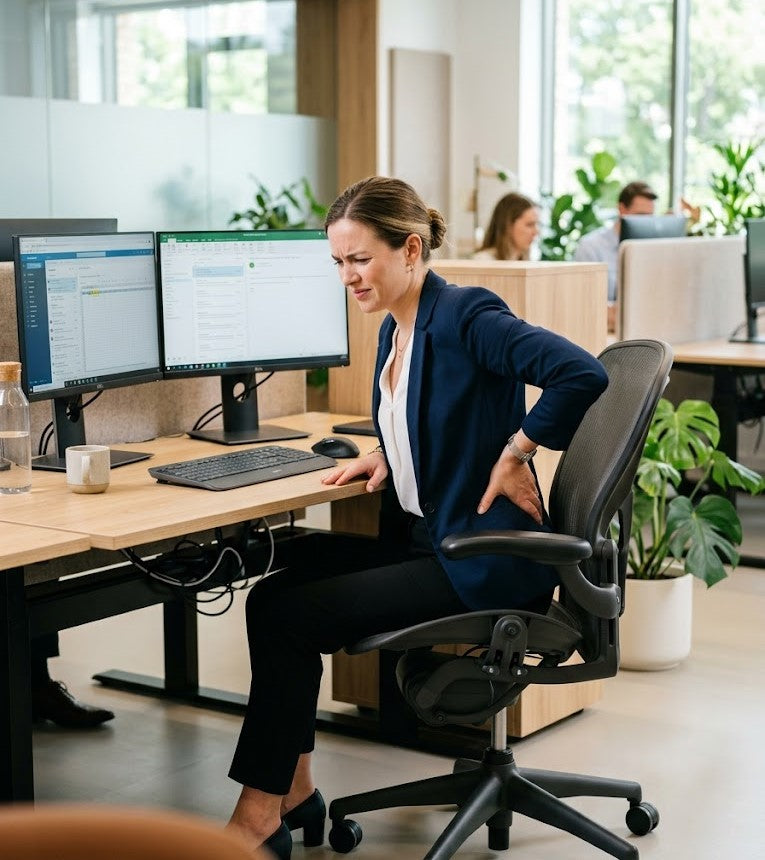 Professional office worker sitting in a modern ergonomic chair while experiencing lower back discomfort in a clean, well-designed workspace.