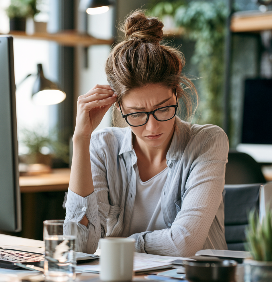A professional desk worker experiencing afternoon mental fatigue at a computer, with subtle signs of poor posture and discomfort, illustrating how poor desk ergonomics can contribute to brain fog, reduced focus, and lower productivity.