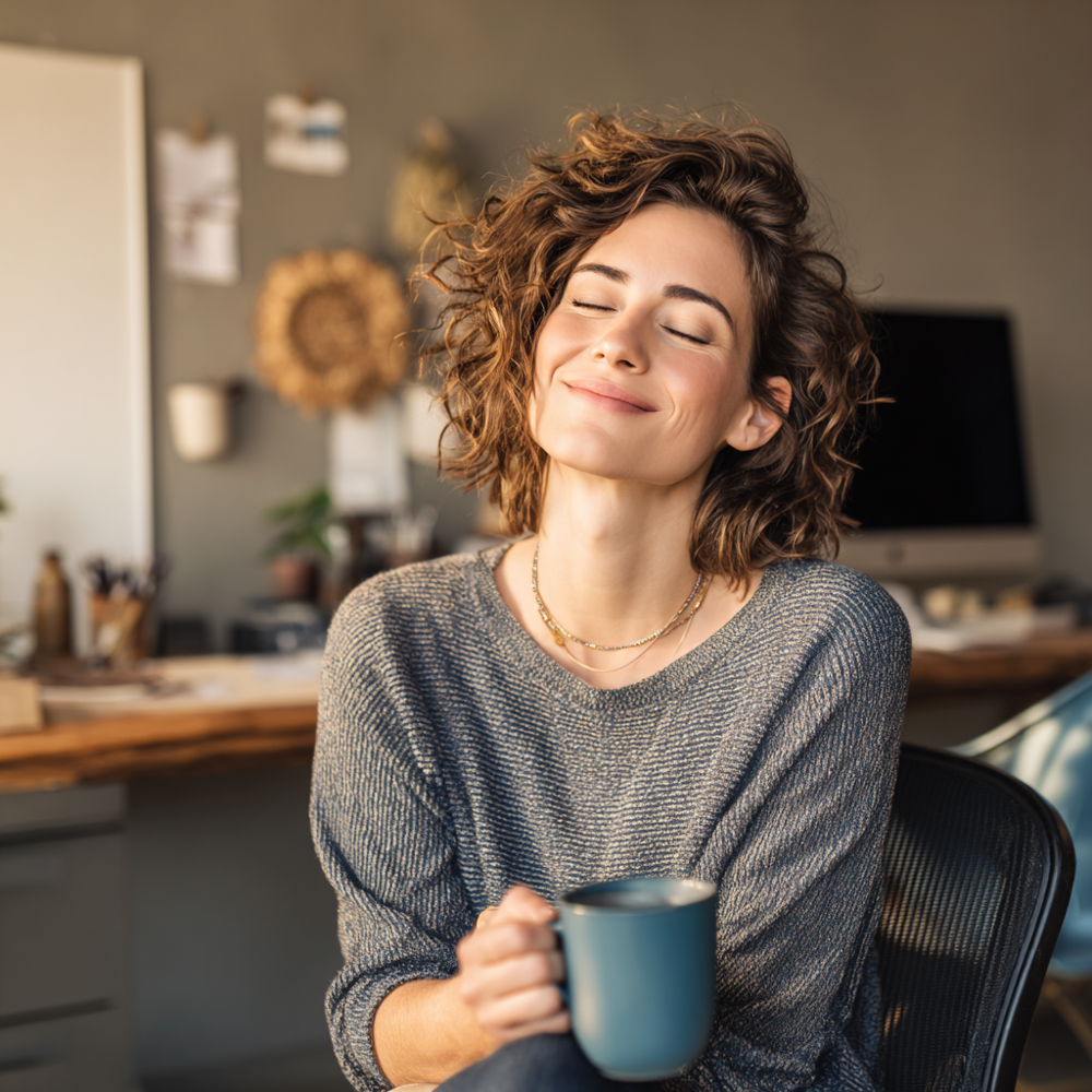 A relaxed home-office worker enjoys a moment of comfort with a warm drink, illustrating how ergonomic products can create a more supportive and stress-free workspace.