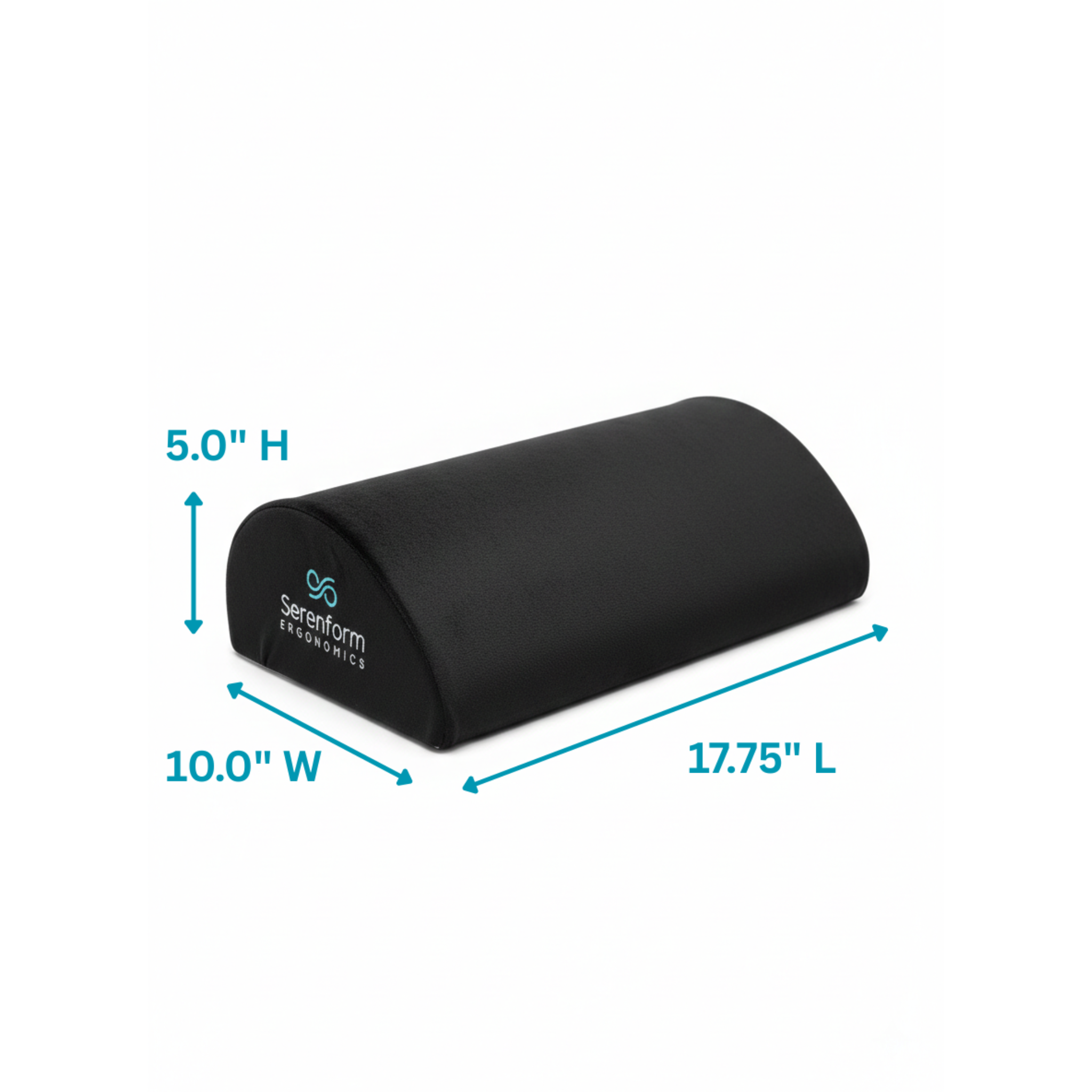 Black footrest with dimension measurements and 'Serenform Ergonomics' branding on a white background