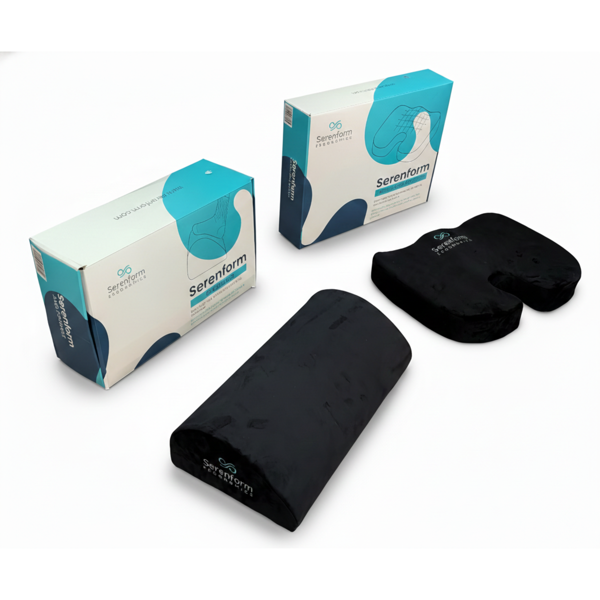 Lumbar support pillow and ergonomic seat cushion shown with packaging, designed to enhance sitting comfort and support healthy posture