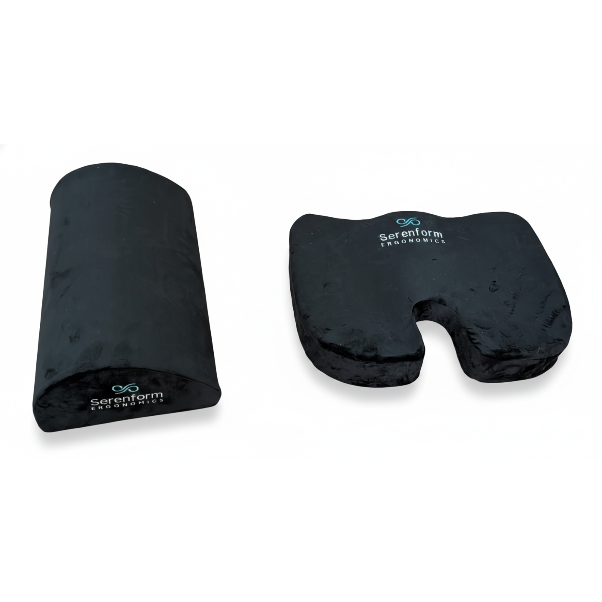 Ergonomic lumbar pillow and contoured seat cushion designed to support the lower back, improve posture, and reduce tailbone pressure