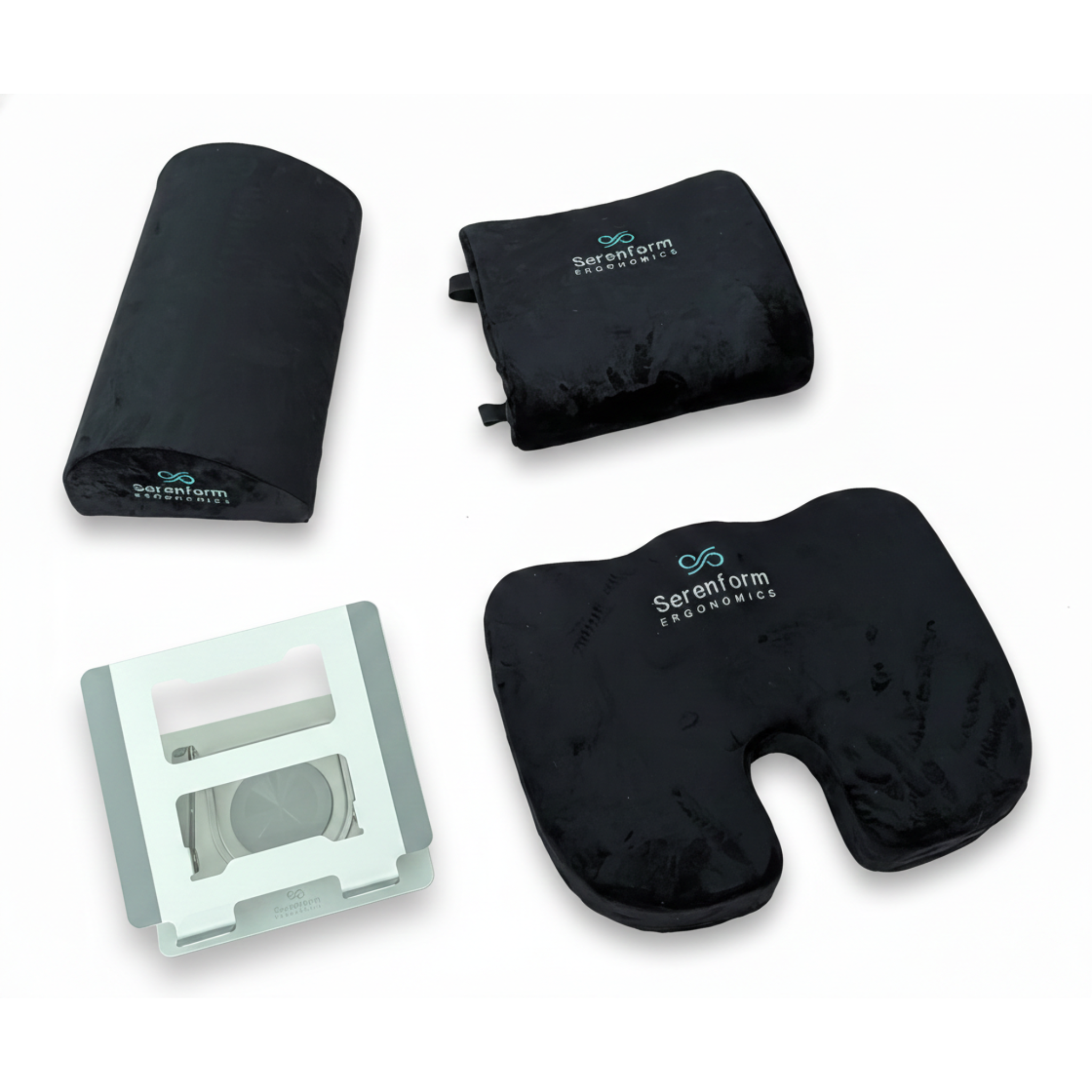 Ergonomic home office bundle featuring a lumbar pillow, seat cushion, footrest, and adjustable laptop stand designed for all-day comfort and posture support