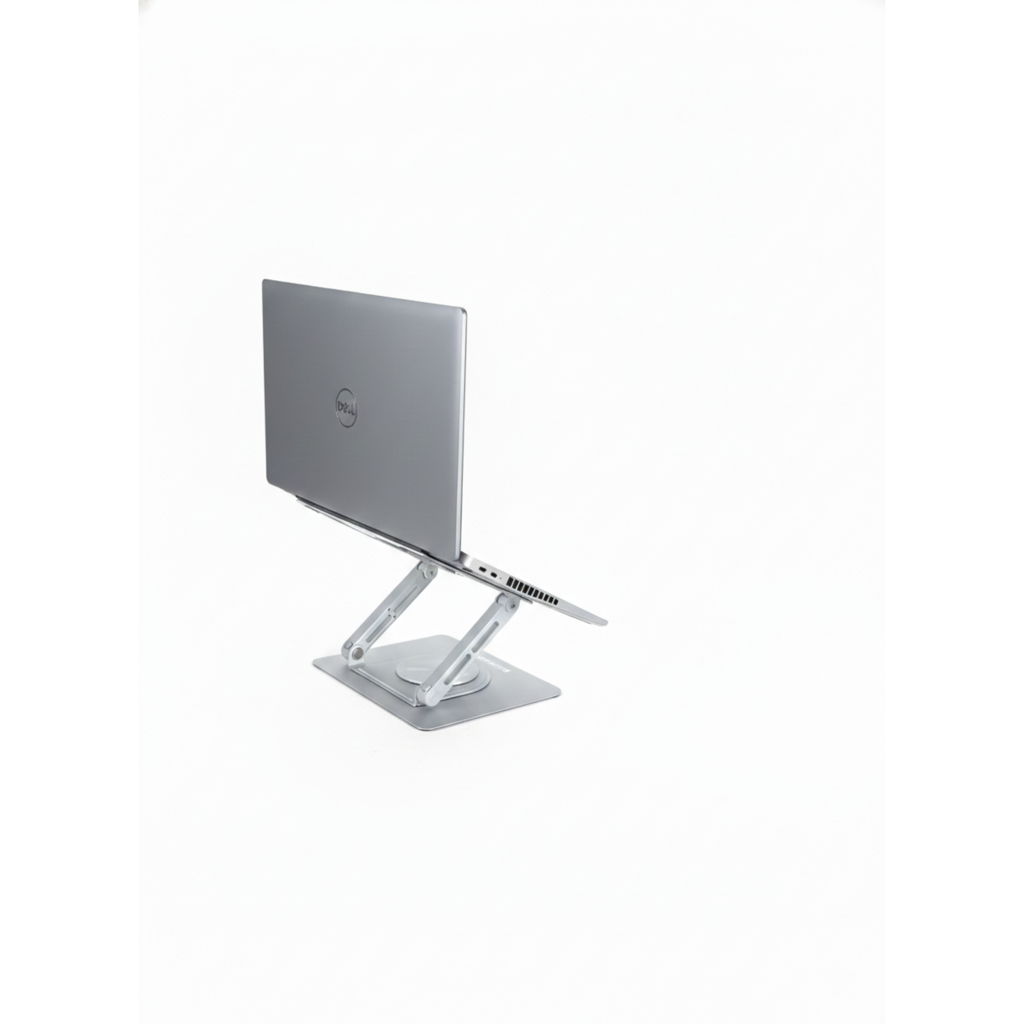 Rearview of laptop on laptop stand with a white background