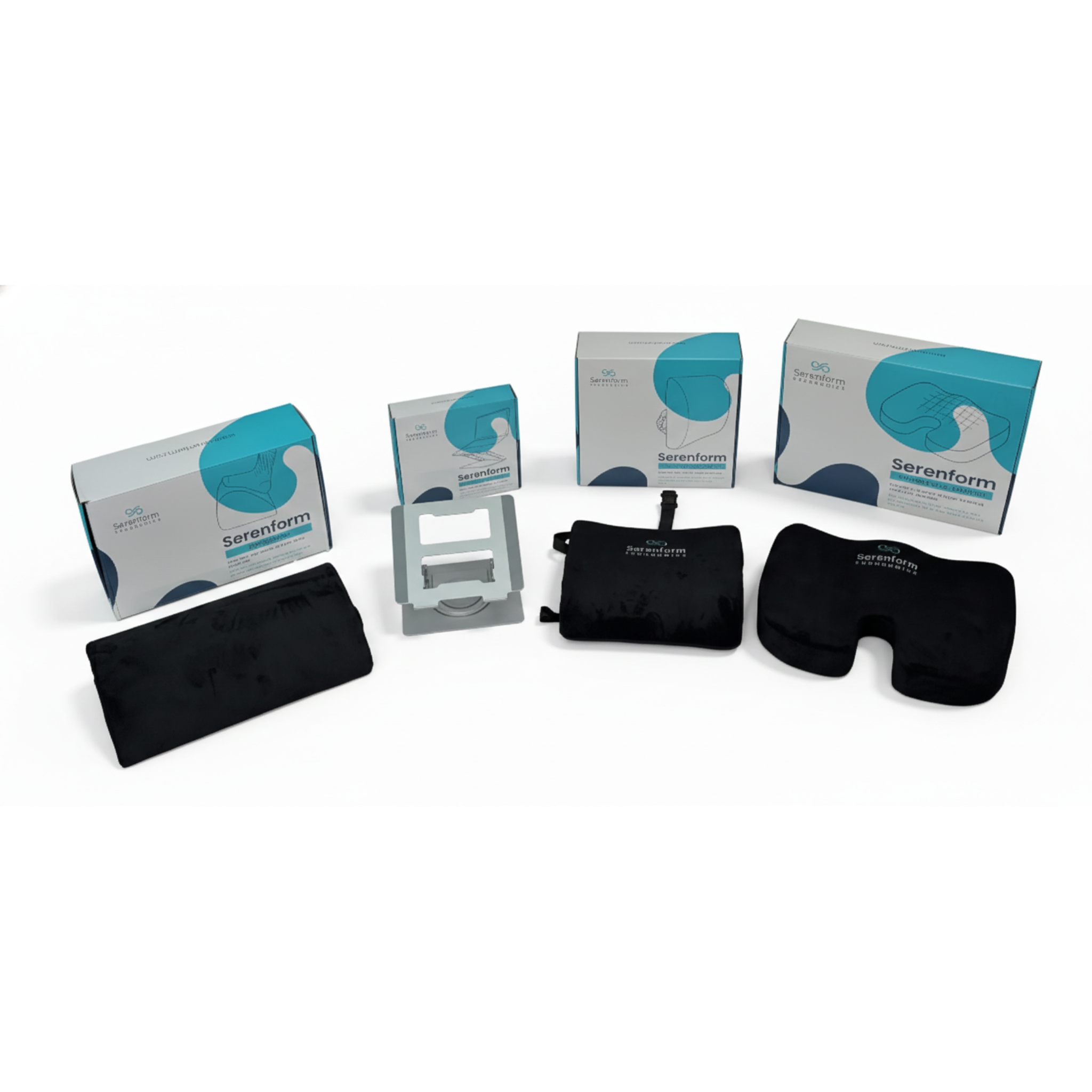 Complete ergonomic home office bundle including a seat cushion, lumbar support pillow, footrest, and laptop stand, packaged for work-from-home comfort