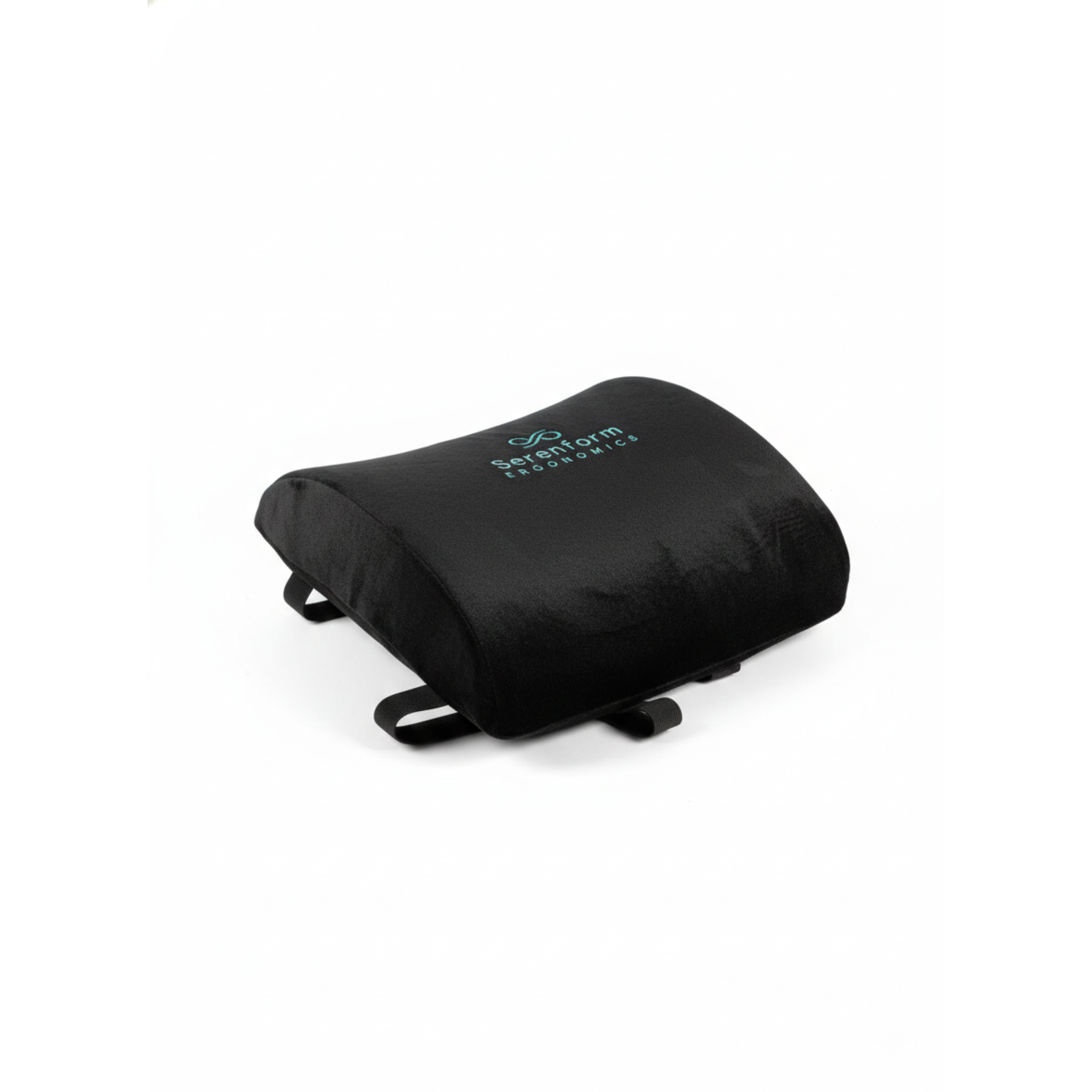 Black lumbar pillow with 'Serenform Ergonomics' brand logo on a white background