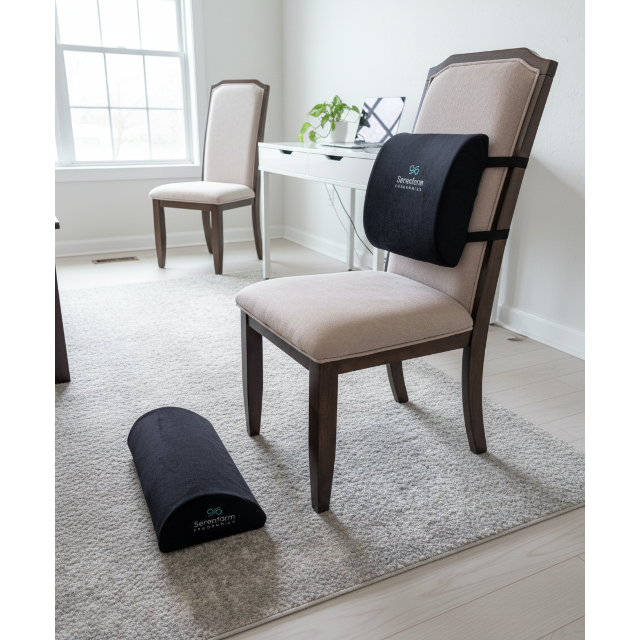 Lumbar support pillow and posture cushion shown on a chair in a home office, helping maintain proper alignment and improve sitting comfort