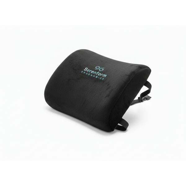 Black ergonomic lumbar pillow with 'Serenform Ergonomics' logo on a white background