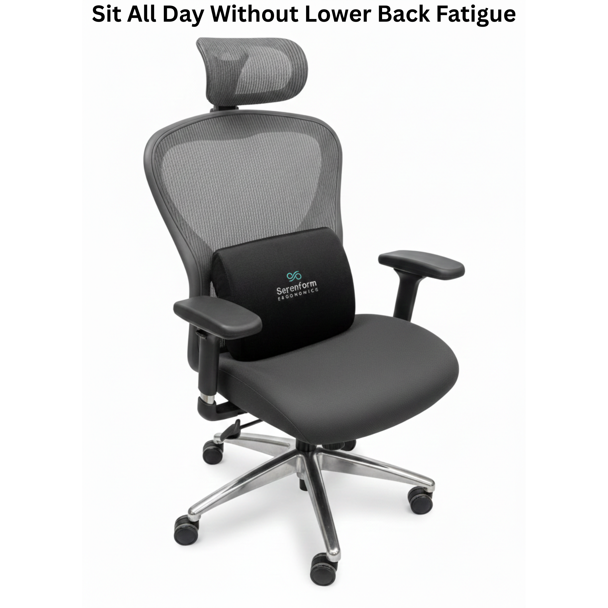 Black office chair with headrest and lumbar support pillow on a white background