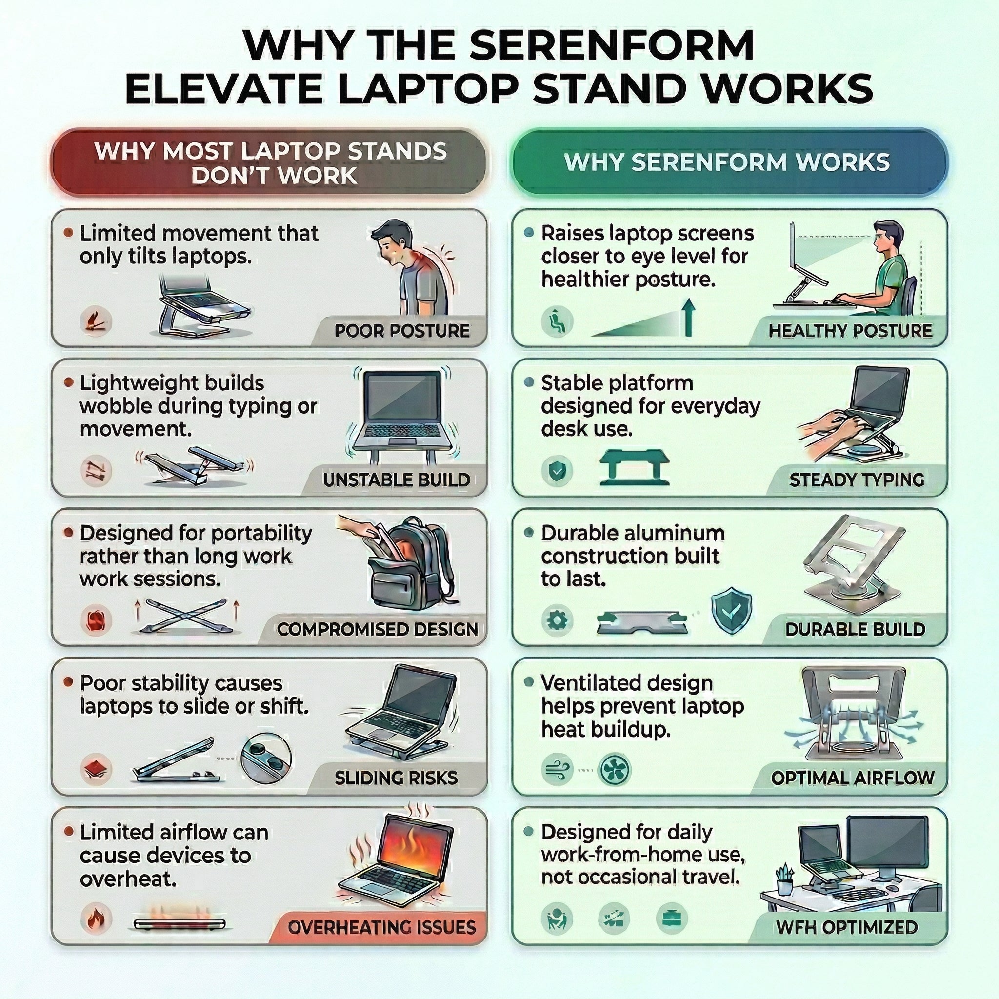 Comparison chart of why Serenform Elevate Laptop Stand works compared to other laptop stands