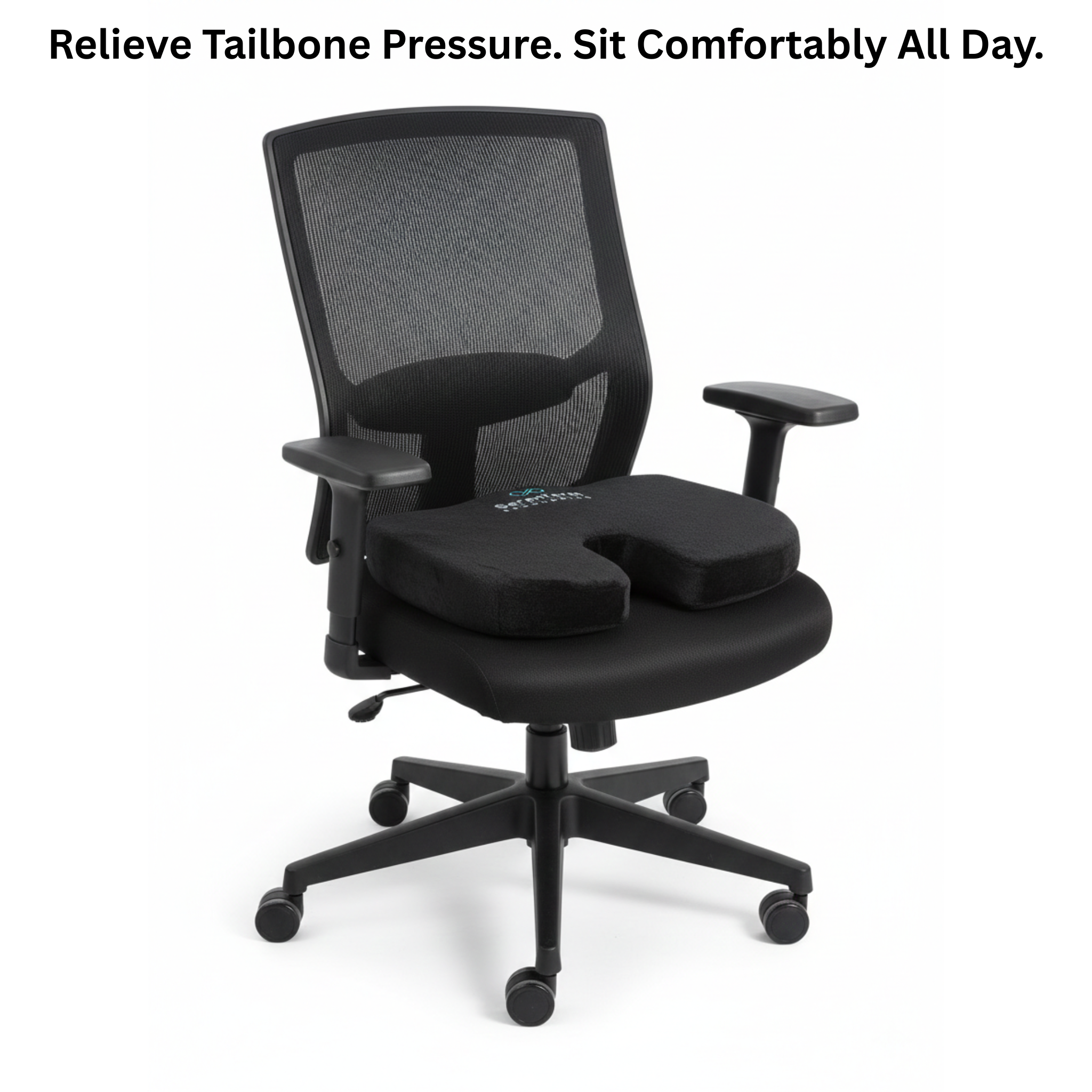 Black office chair with a tailbone relief cushion on a white background