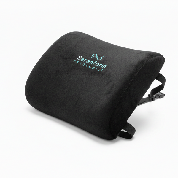 Black ergonomic lumbar pillow with 'Serenform Ergonomics' logo on a white background