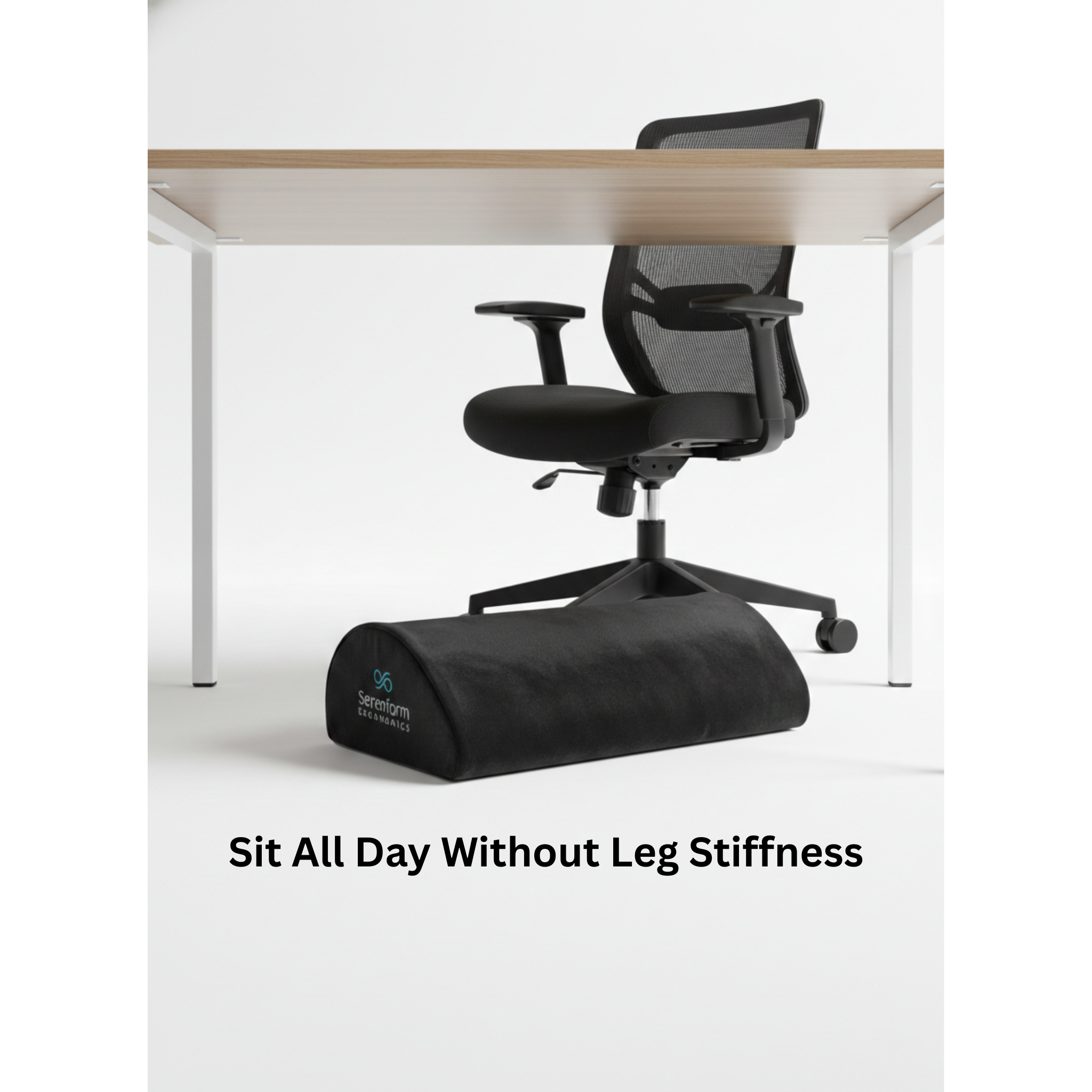 Black office chair with a footrest in front of a desk, with text 'Sit All Day Without Leg Stiffness'