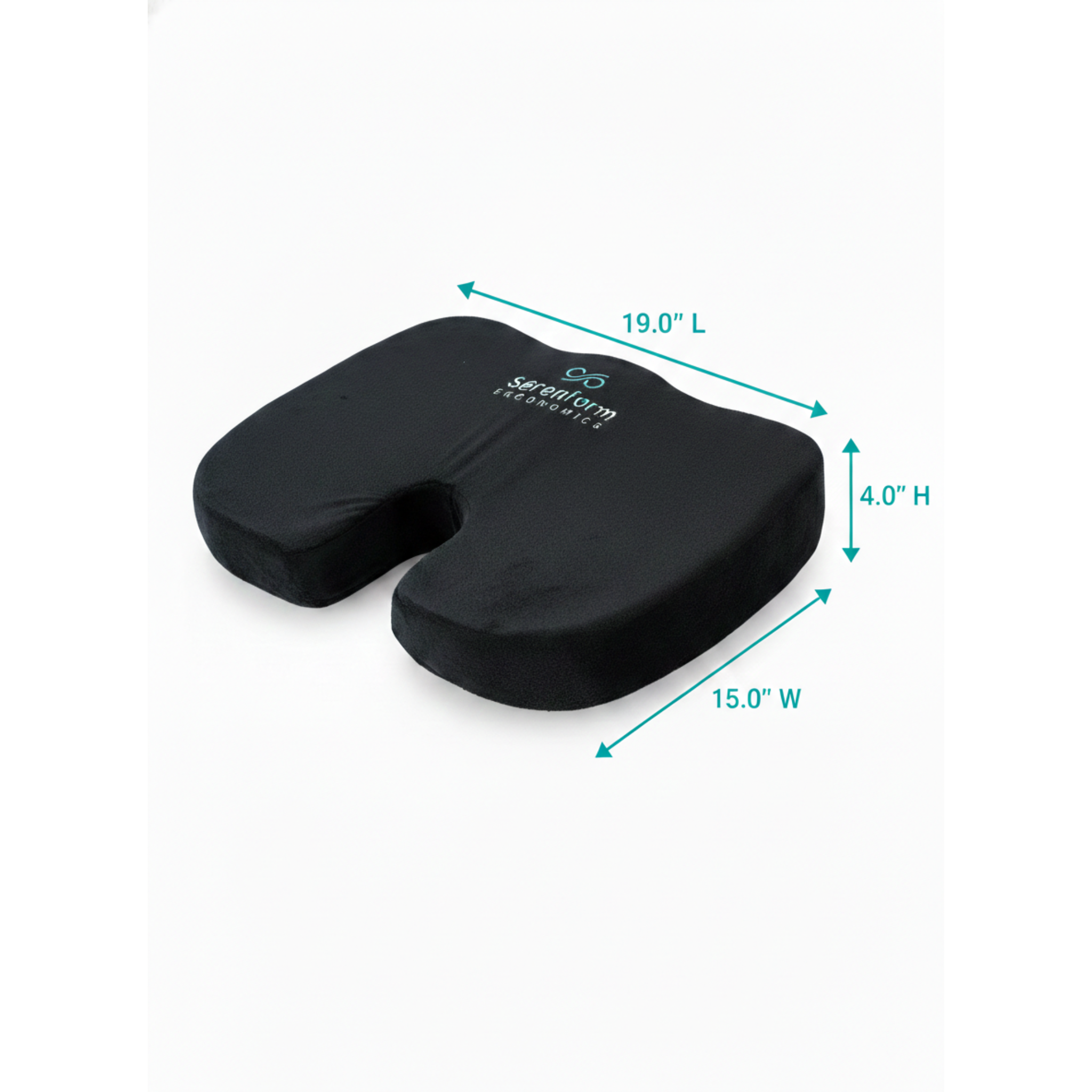Black seat cushion with measurements on a white background