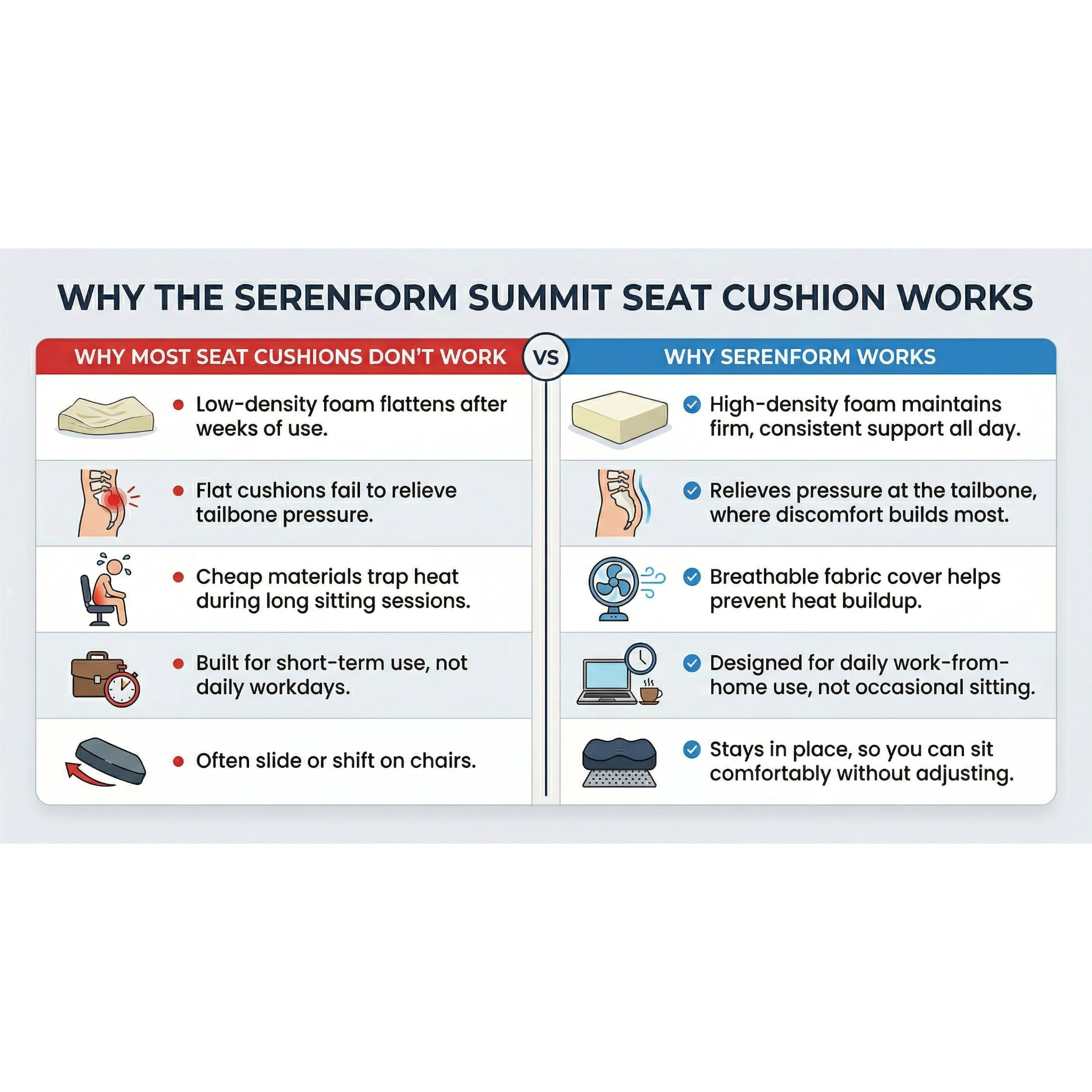 Comparison chart of why Serenform Summit seat cushion works versus other seat cushions.