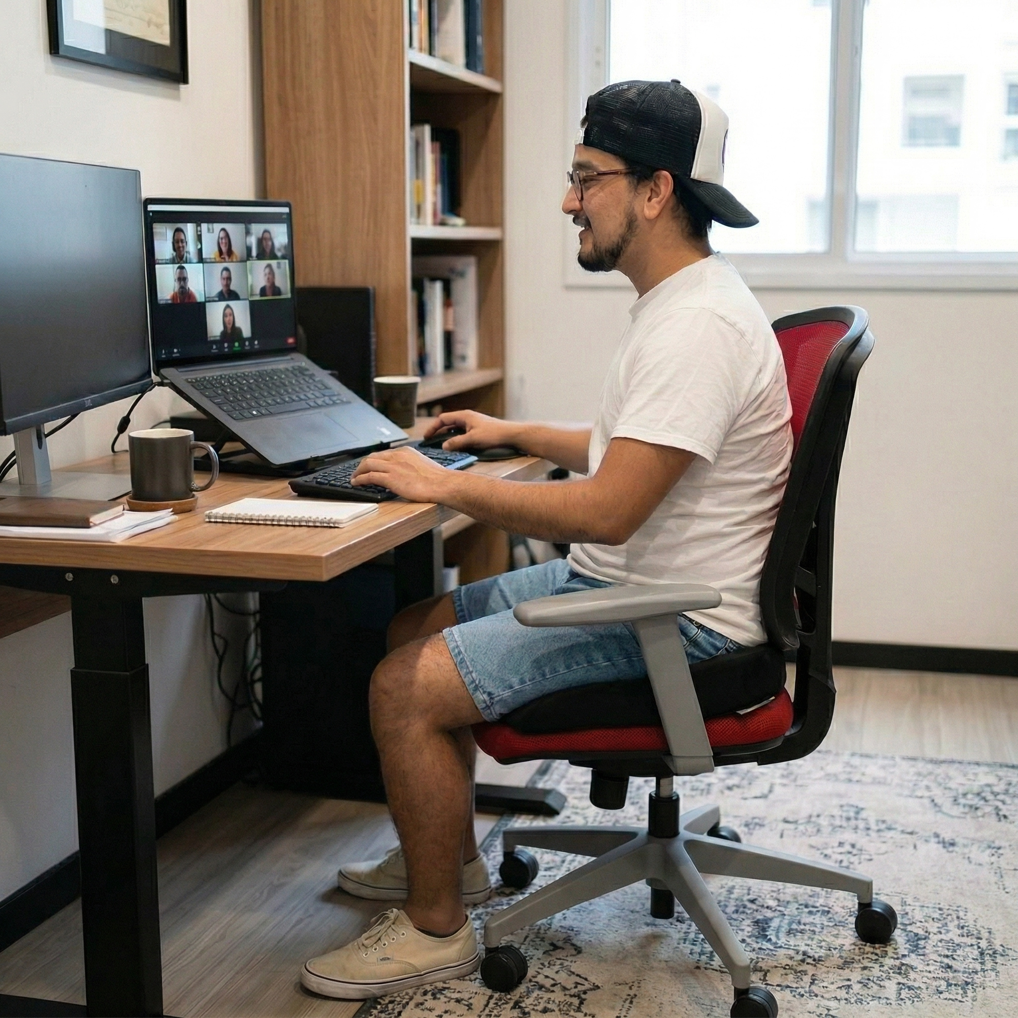 Man sitting at a desk with two monitors, using a laptop in a home office setting.