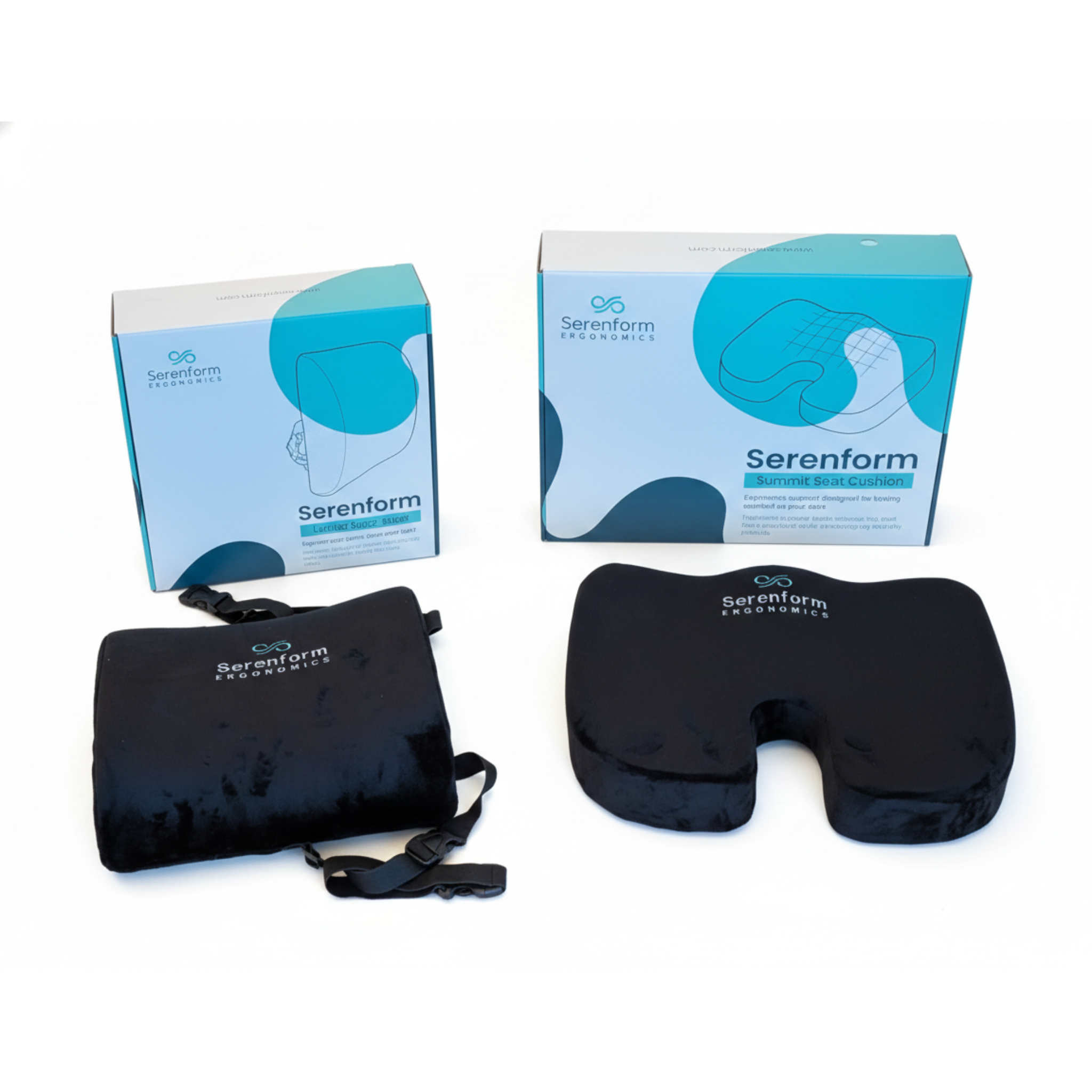 Ergonomic lumbar support pillow and seat cushion shown with packaging, designed to enhance sitting comfort and reduce back strain
