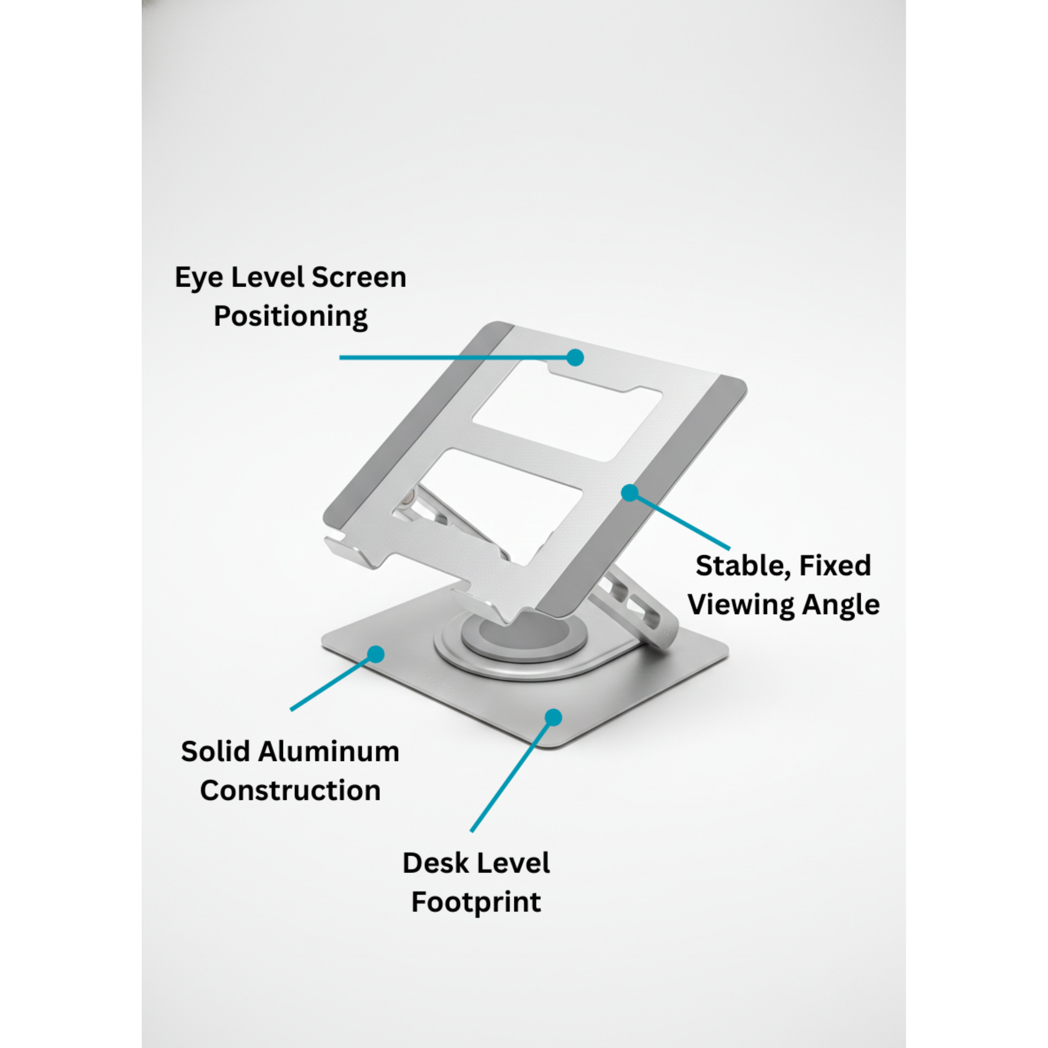 Laptop stand with labeled callout features on a white background