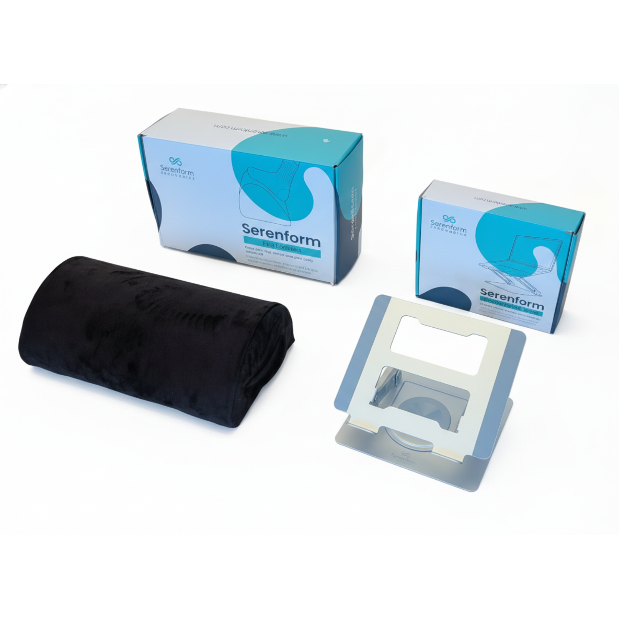 Lumbar support pillow and adjustable laptop stand shown with packaging, designed to improve desk ergonomics and all-day work comfort